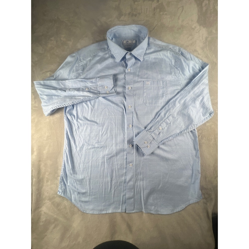 Southern Tide Men XXL Classic Fit Blue White Micro Houndstooth Button Down Shirt